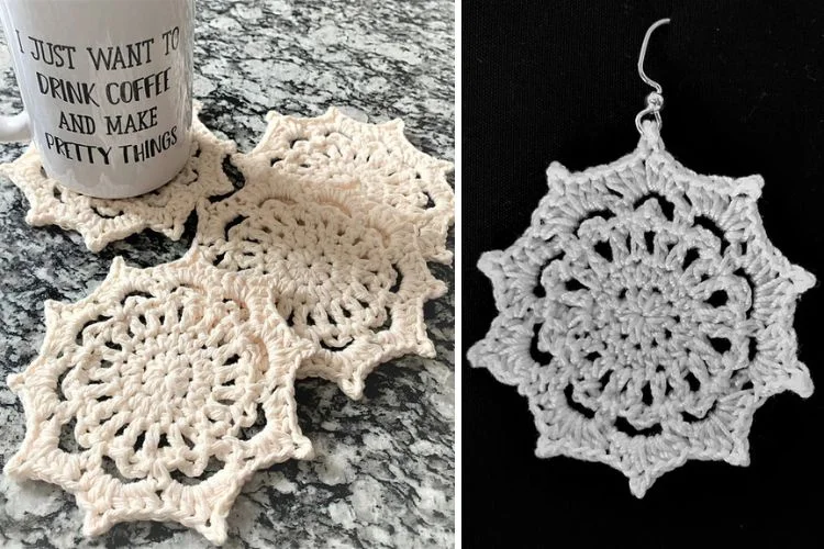 Crocheted coasters with a mug and a crocheted earring.