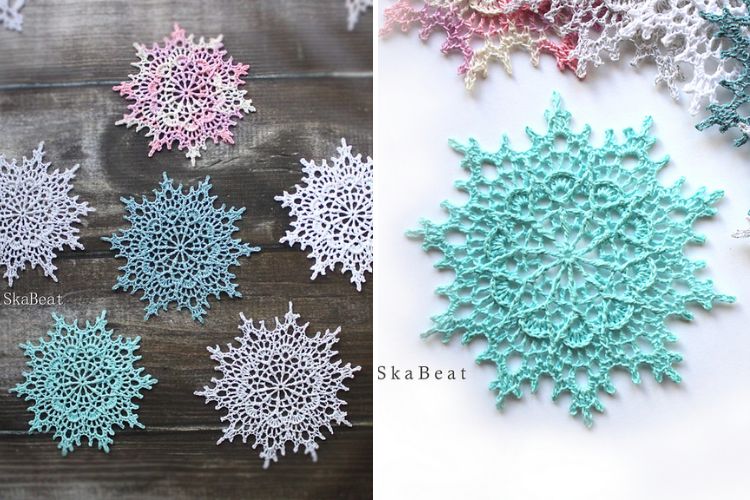 A variety of crocheted snowflakes on a wooden surface.