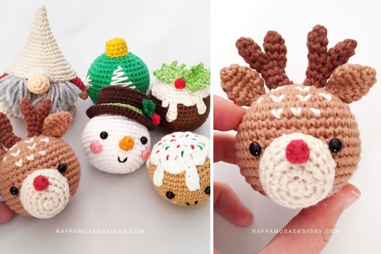 Two pictures of crocheted reindeer ornaments.