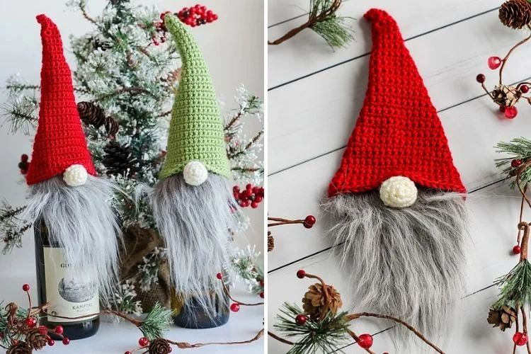 Two pictures of crocheted gnome hats.