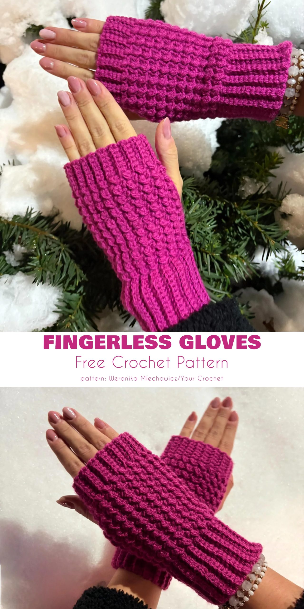 Two hands wearing bright pink, textured crochet fingerless gloves are shown against a snowy outdoor background. Text below reads "Fingerless Gloves Free Crochet Pattern.