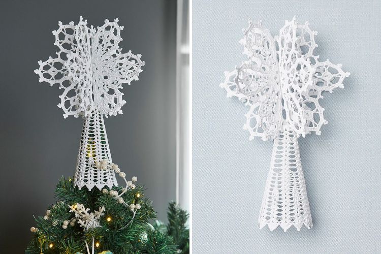 Two pictures of a christmas tree decorated with a white snowflake.