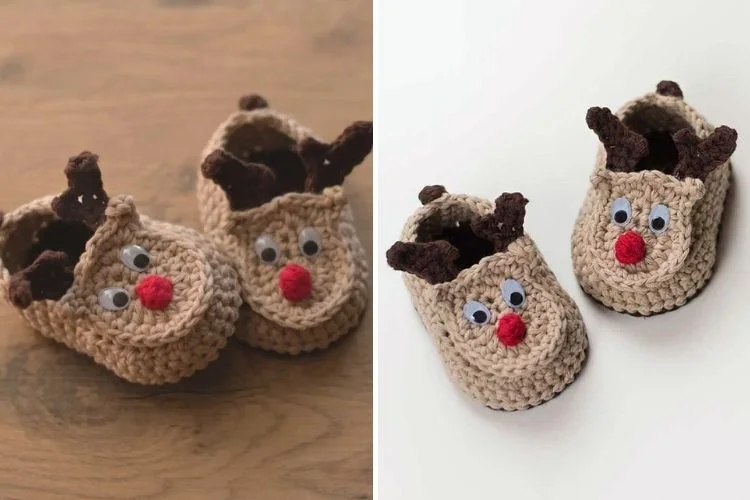 Rudolph the reindeer baby booties crochet pattern.