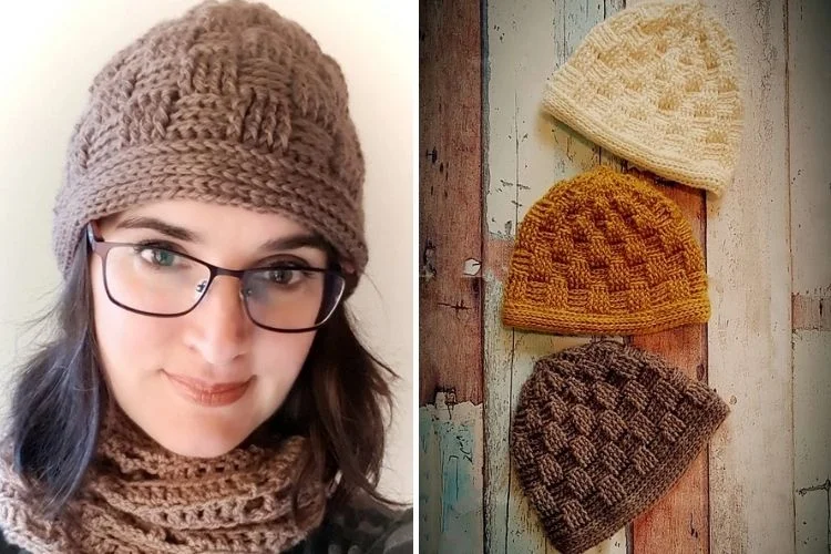 Two pictures of a woman wearing a hat and scarf.