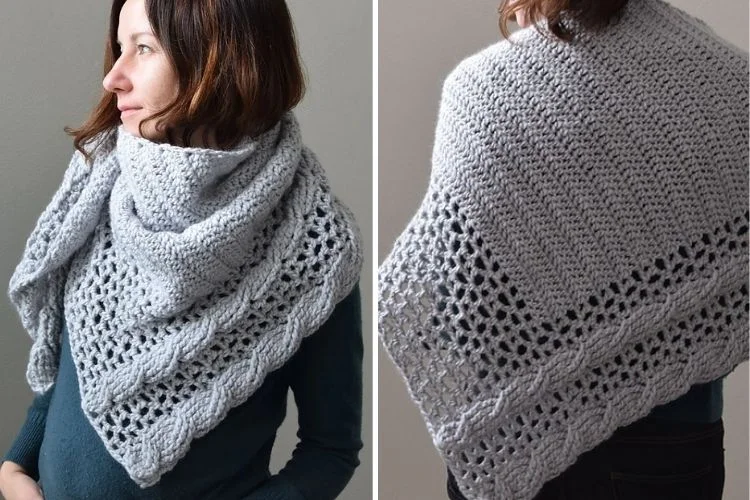 Two pictures of a woman wearing a grey crocheted shawl.