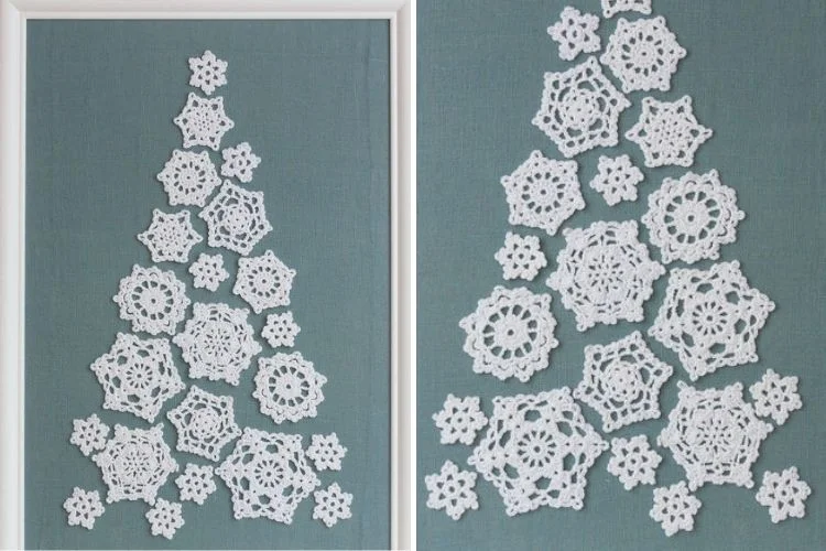 Two pictures of a snowflake christmas tree.