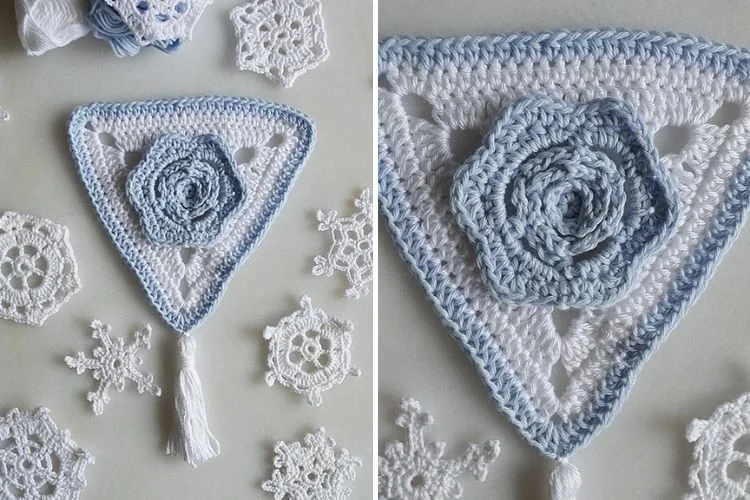 A blue and white crocheted bunting with tassels and snowflakes.