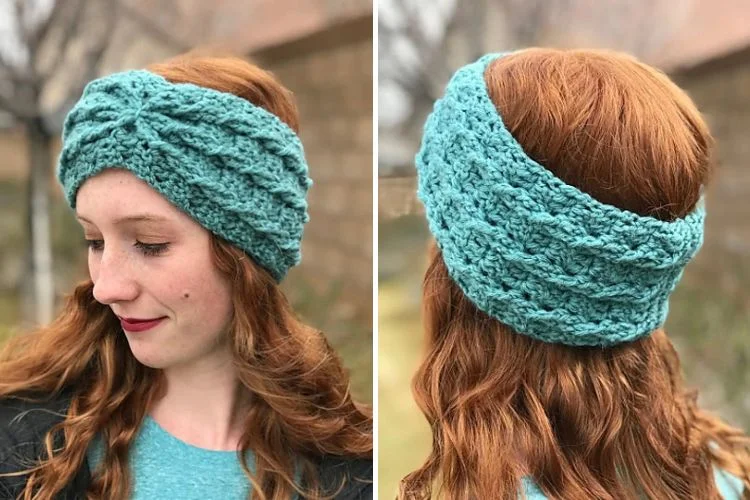 Two pictures of a woman wearing a turquoise knitted headband.