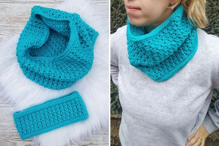 Two pictures of a woman wearing a turquoise crocheted neck warmer.