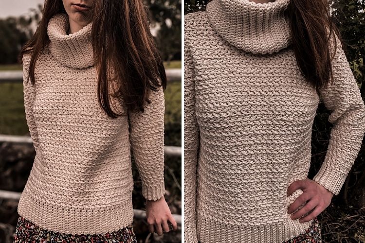 Two pictures of a woman wearing a turtle neck sweater.