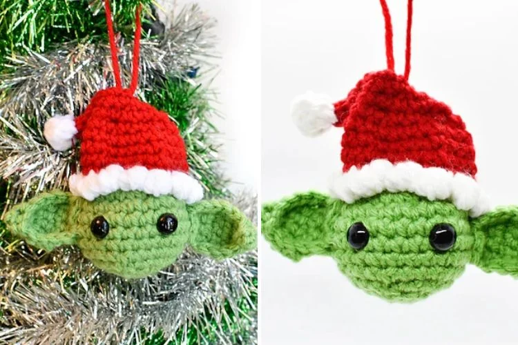 Crochet yoda ornaments with santa hats.