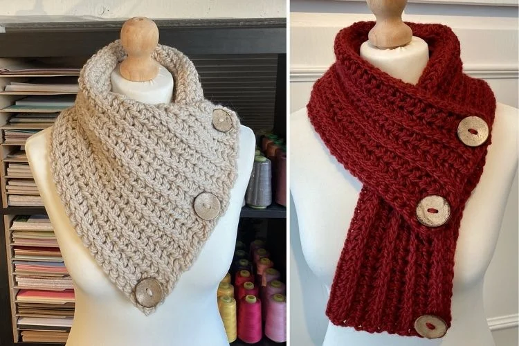 Two pictures of knitted scarves on a mannequin.