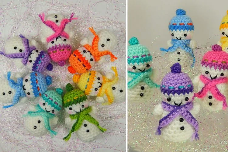 A group of crocheted snowmen in different colors.