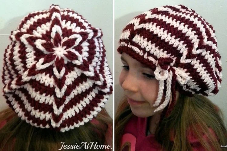 Two pictures of a little girl wearing a crocheted hat.