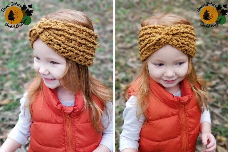 Two pictures of a little girl wearing a knitted turban.