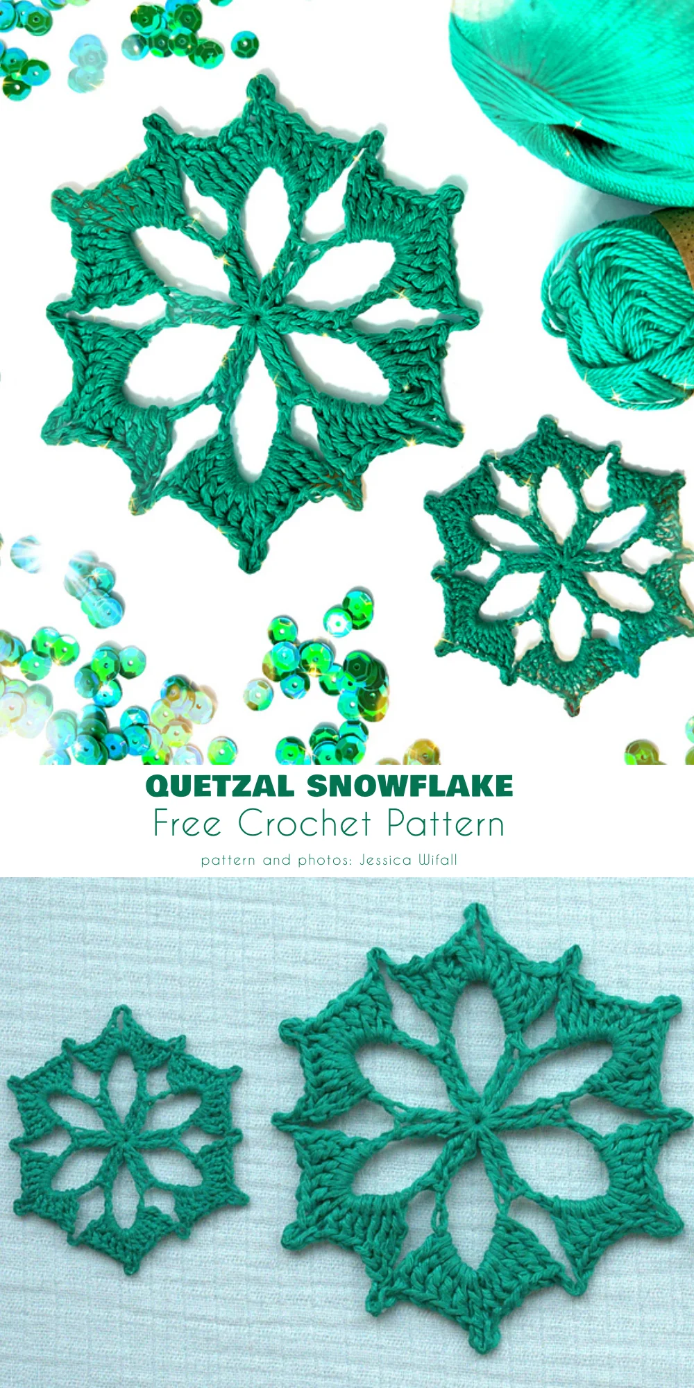 A photo of a crochet pattern of a green snowflake.