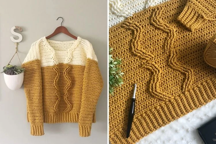 Two pictures of a yellow and white sweater.