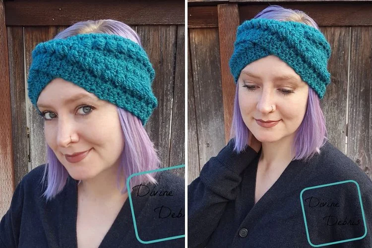 Two pictures of a woman wearing a crocheted headband.