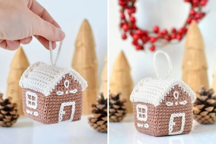 Two pictures of a crocheted gingerbread house ornament.