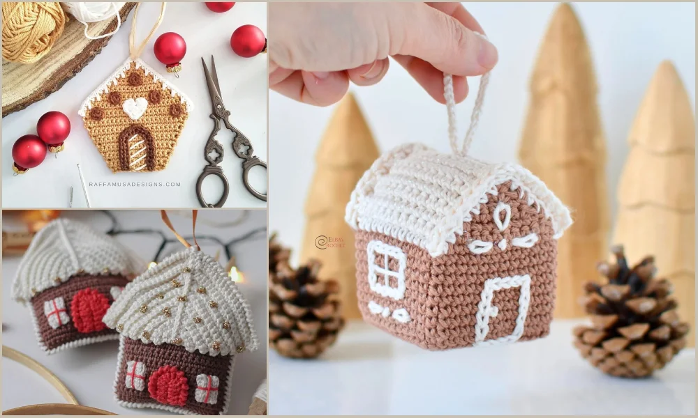 Crochet gingerbread house ornaments.