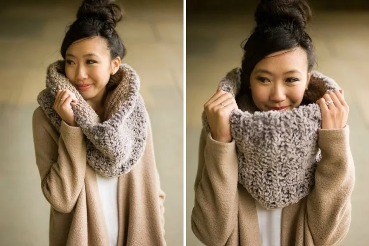 Two pictures of a woman wearing a knitted cowl.