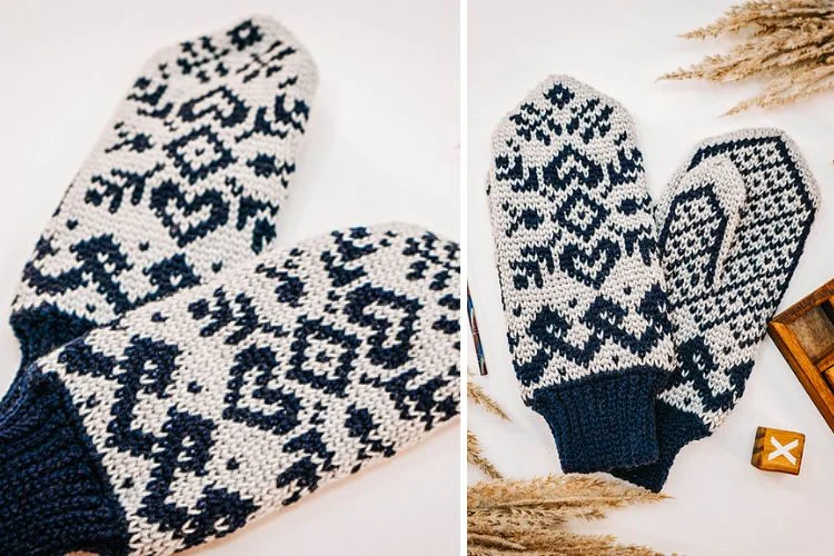 Two pictures of knitted mittens on a table.