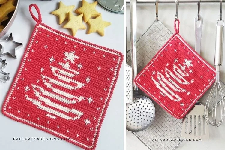 Two pictures of a crocheted christmas tree pot holder.