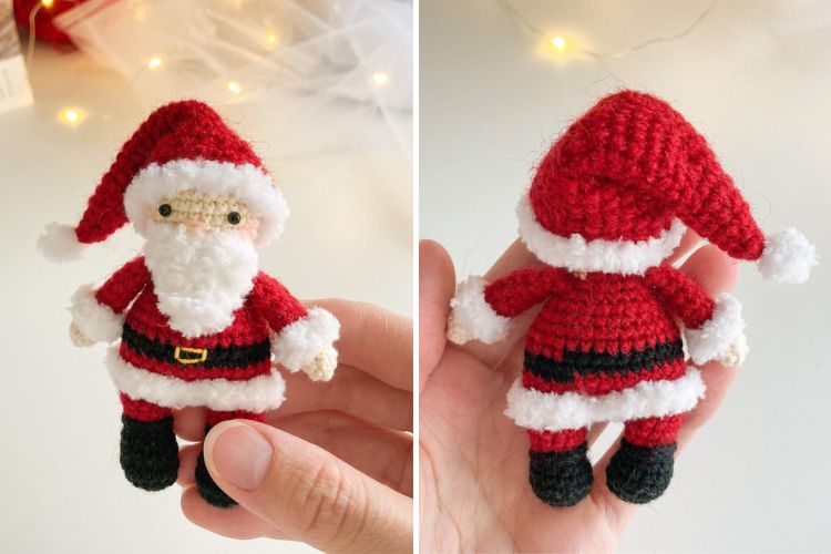 Two pictures of a crocheted santa claus.