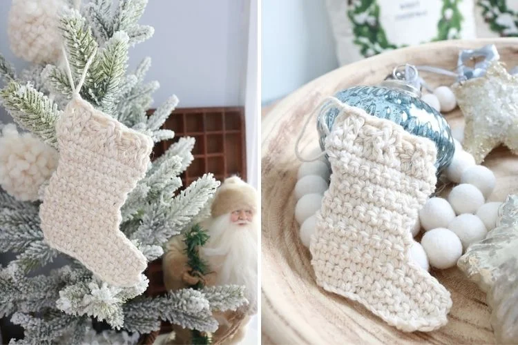 Two pictures of a christmas tree with crocheted stockings.