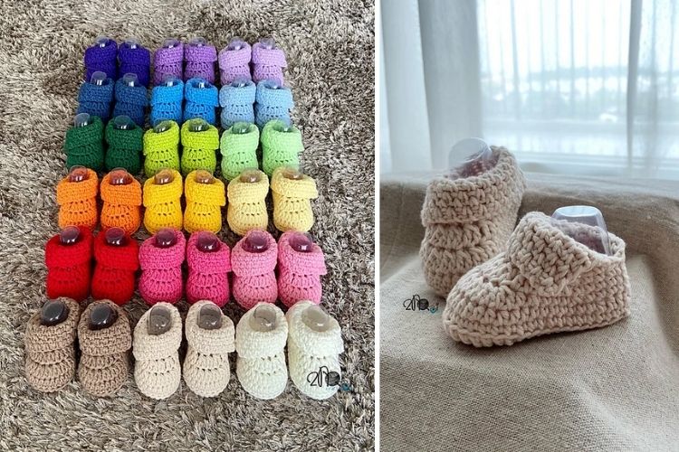 Crocheted baby shoes in a rainbow of colors.