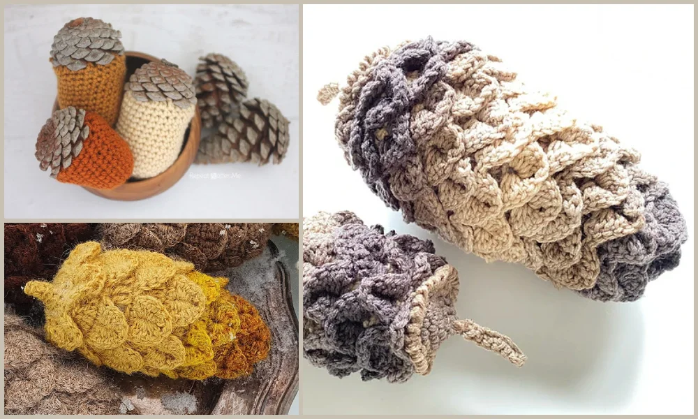 A collection of crocheted pine cones.