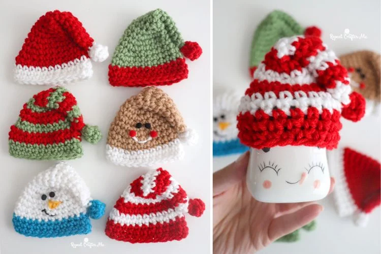 Crocheted santa hats and snowman hats.