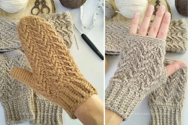 A pair of knitted mittens and a pair of knitting needles.