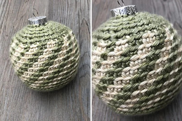 Two pictures of green and white crocheted ornaments.