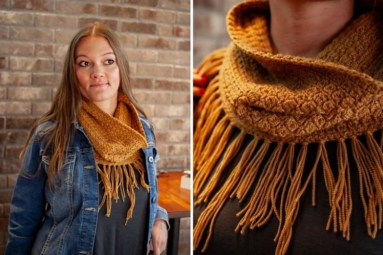 Two pictures of a woman wearing a scarf with fringes.