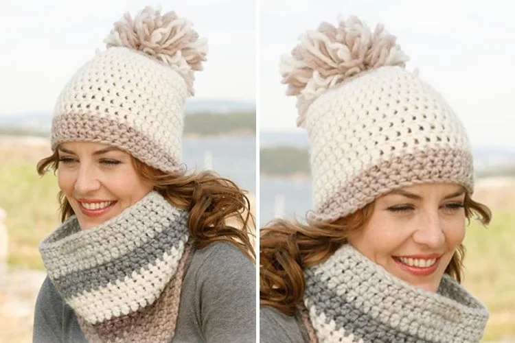 Two pictures of a woman wearing a crocheted hat and scarf.