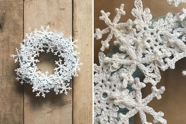 Two pictures of a snowflake wreath hanging on a wooden wall.