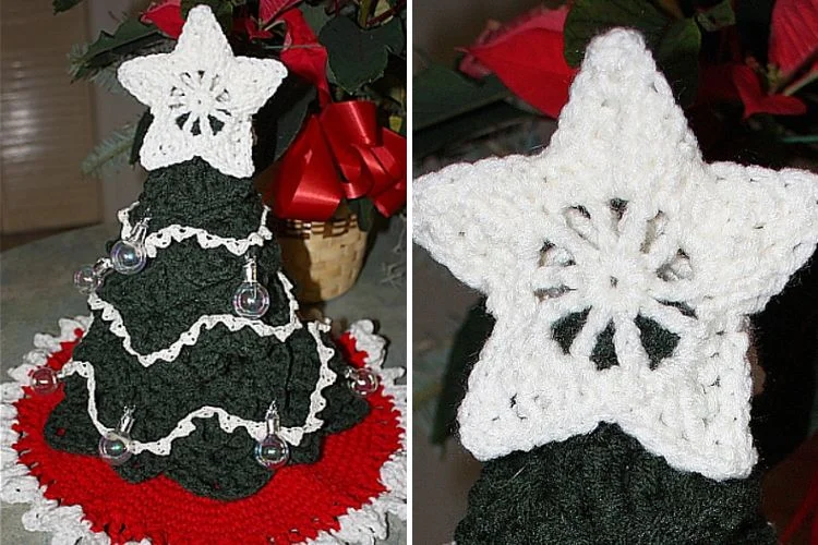 Two pictures of a crocheted christmas tree.