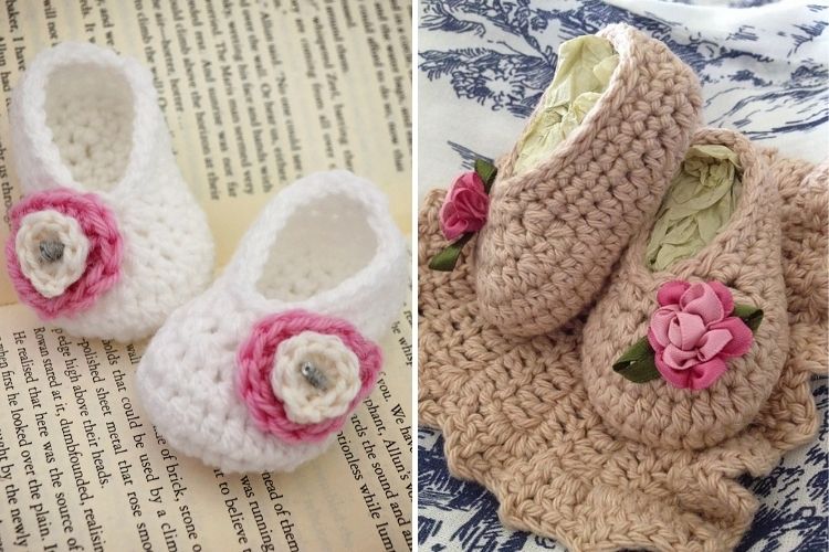 Two pictures of crocheted baby shoes with flowers on them.