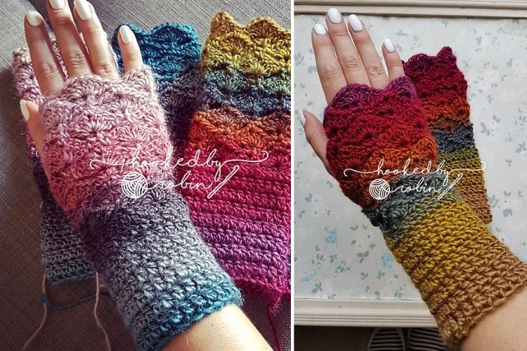 A pair of crocheted fingerless mitts.