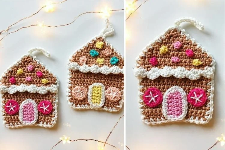 Two pictures of a crocheted gingerbread house.