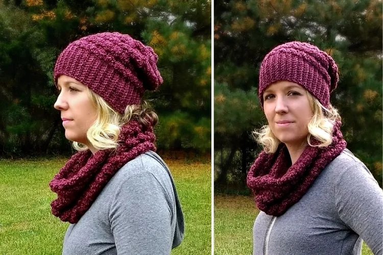 Two pictures of a woman wearing a burgundy knitted hat and scarf.