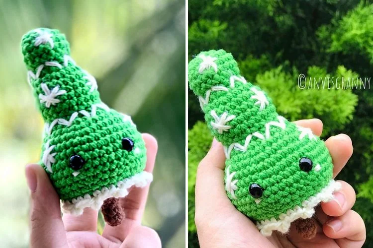 Two pictures of a green crocheted teddy bear.