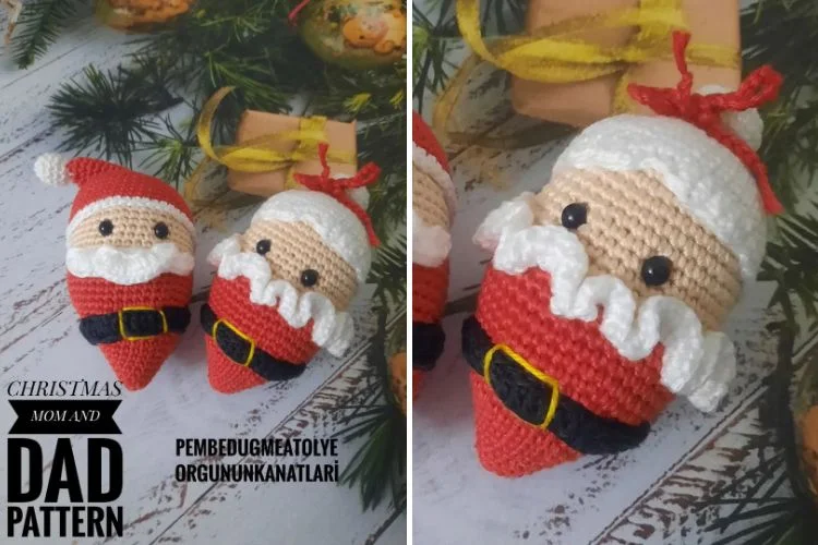 Two crocheted santa claus ornaments.