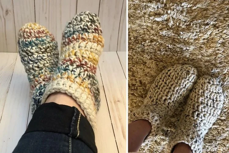 Two pictures of a person wearing knitted slippers.