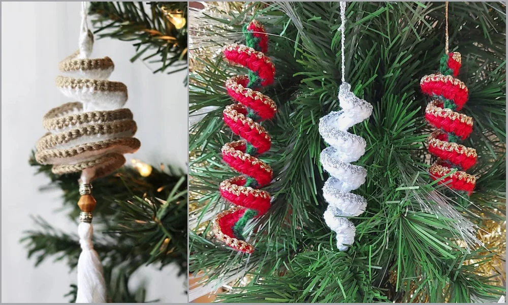 Crocheted christmas ornaments hanging on a christmas tree.