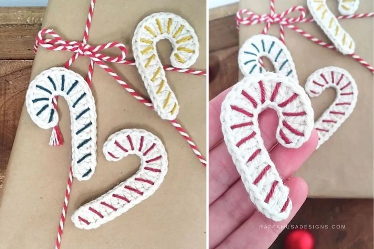 Crochet candy cane christmas ornaments.