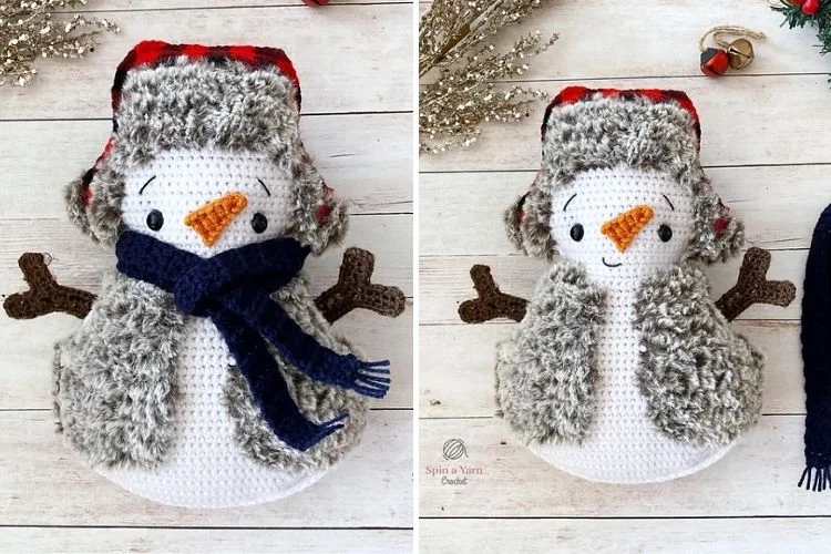 Two pictures of a crocheted snowman with hat and scarf.