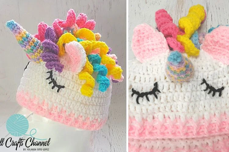 Two pictures of a crocheted unicorn hat.