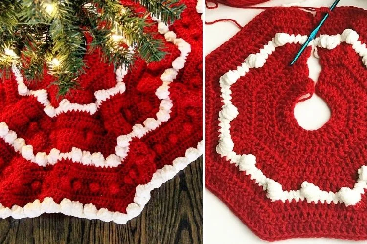 Two pictures of a crocheted christmas tree skirt.